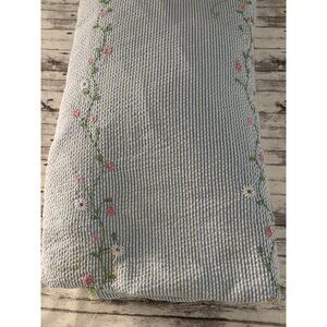 Pottery Barn Seersucker Striped Embroidered Floral Duvet Cover Blue Green Double